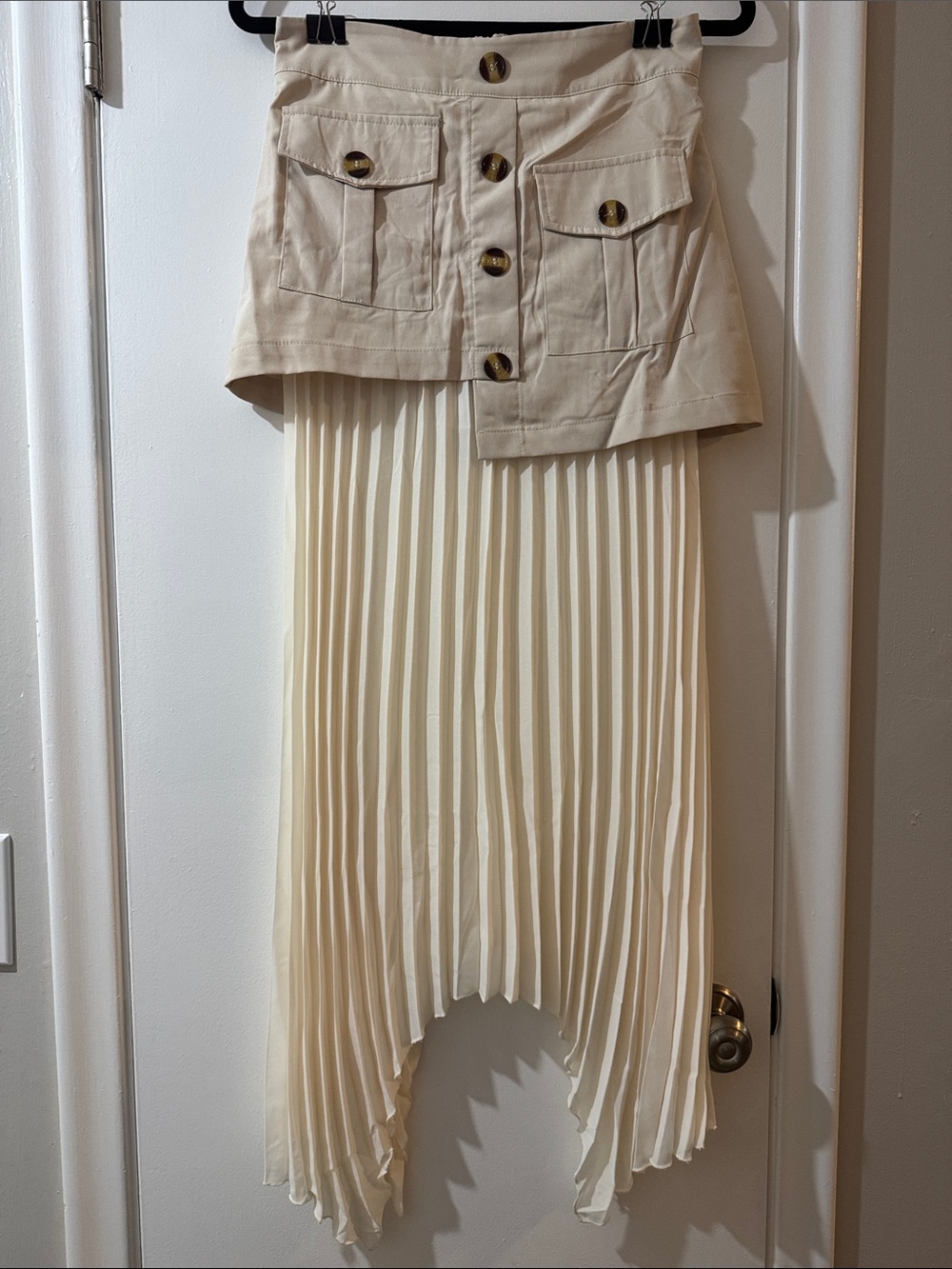 Commense Cream Pleated High-Low Skirt with Buttoned Waist